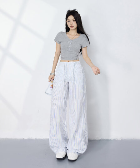 일본식 하이웨이스트 펌프 로프 스트레이트 캐주얼 바지 아메리칸 레트로 수직 곡물 원단 봄 여름 루즈핏 넓은 다리 바지