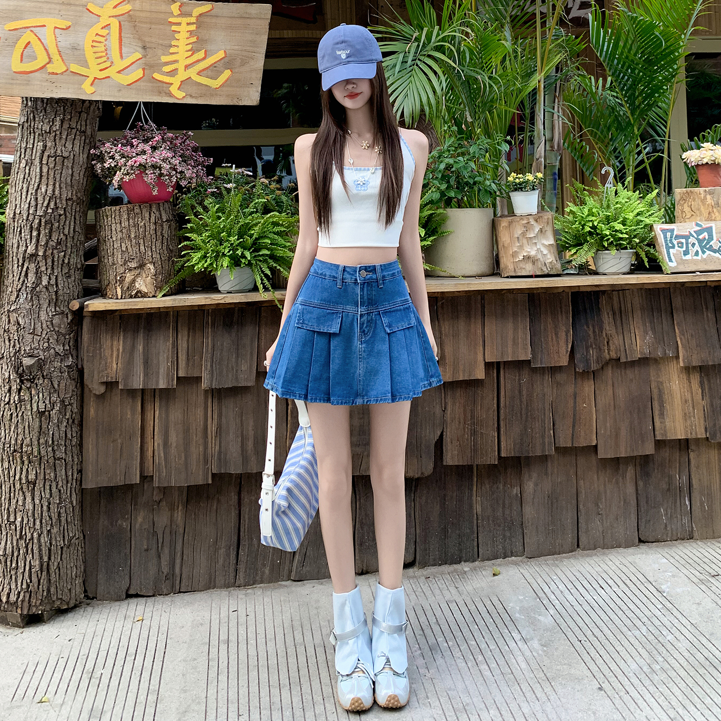 샤오홍 예약하기 추천 노출 방지 안감 반신 스커트 한국 스타일 레트로 데님 하이웨이스트 a 단어 플리츠 슬림해 보이는 미니 스커트