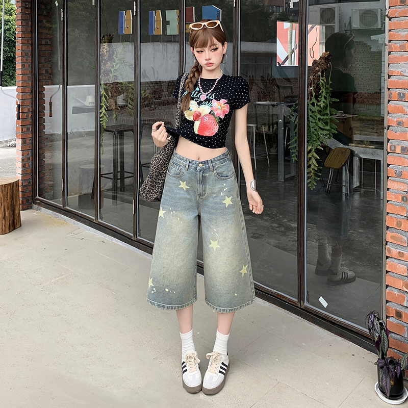 됐어. 개체 높은 품질 마 오래된 워싱 데님 반바지 아메리칸 레트로 스타일 별 프린트 루즈핏 넓은 다리 7부 바지
