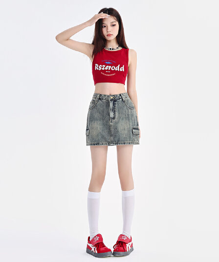 한국 동대문 여성 의류 마 오래된 데님 A라인 스커트 하이웨이스트 워크웨어 디자인 아메리칸 레트로 벨트 안감 미니 스커트