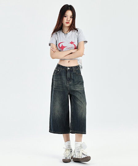 국경 간 아메리칸 바람 데님 바지 봄 여름 켜기 새로운 레트로 스트레이트 루즈핏 넓은 다리 슬림해 보이는 섹션