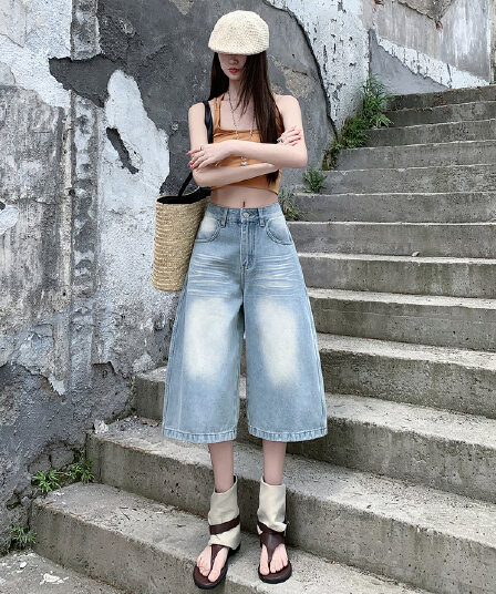 한 부서 작은 키 독점적 인 7부 바지 여름 아메리칸 데님 와이드 레그 팬츠 발 디자인 루즈핏 스트레이트 섹션