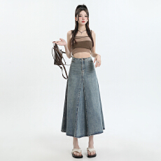 批发南油高品质 26<b class='q'>夏</b>美式复古做旧牛仔半身裙女A字大裙摆拼接中长裙