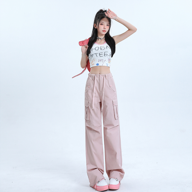 일본식 레트로 핑크색 캐주얼 바지 여름 새로운 작은 키 아메리칸 높음 거리 hiphop 워크웨어 바지
