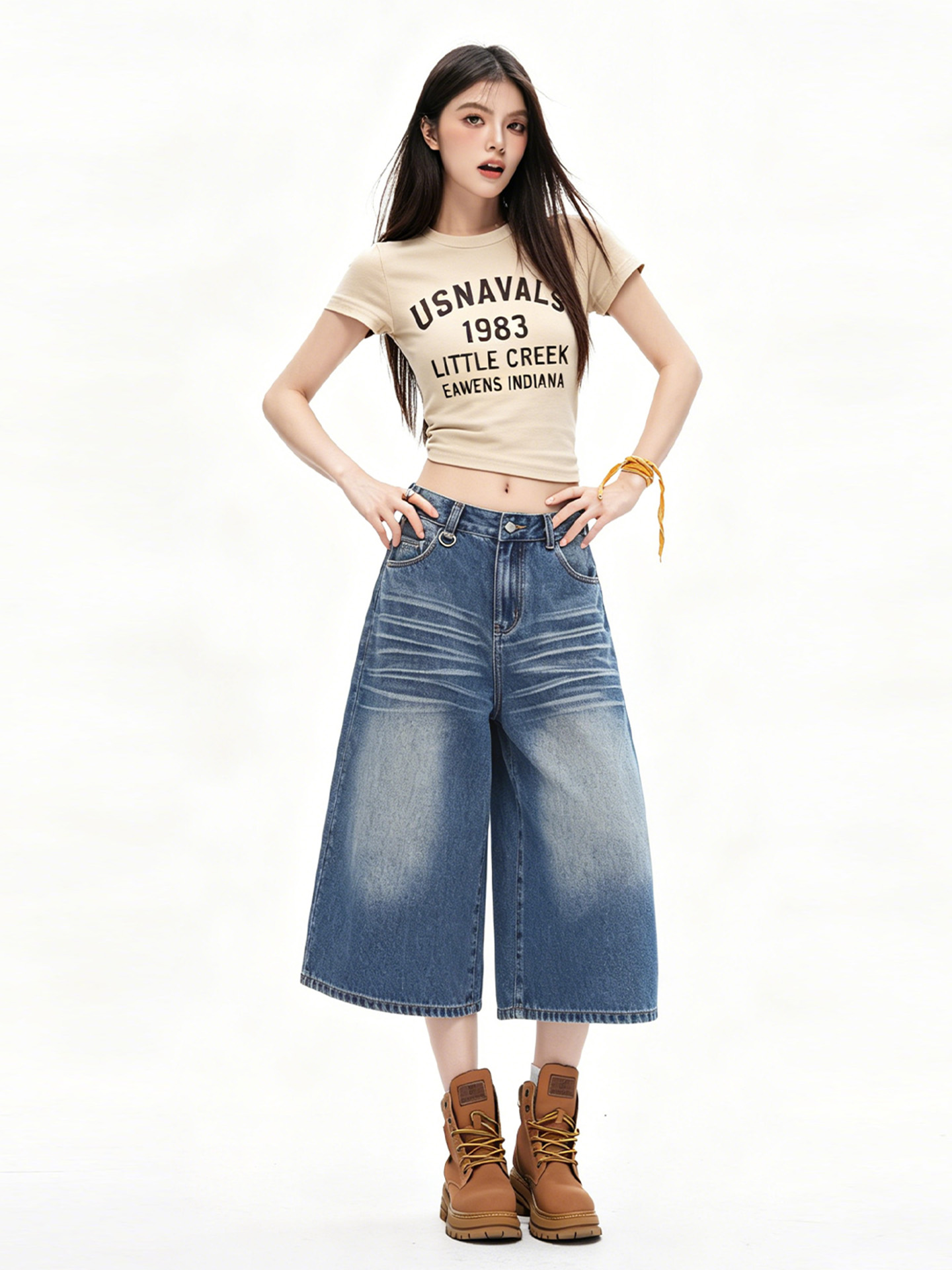 남쪽 기름 높은 품질 2026 새로운 캐주얼 데님 7부 바지 아메리칸 레트로 스타일 루즈핏 넓은 다리 슬림해 보이는 디자인