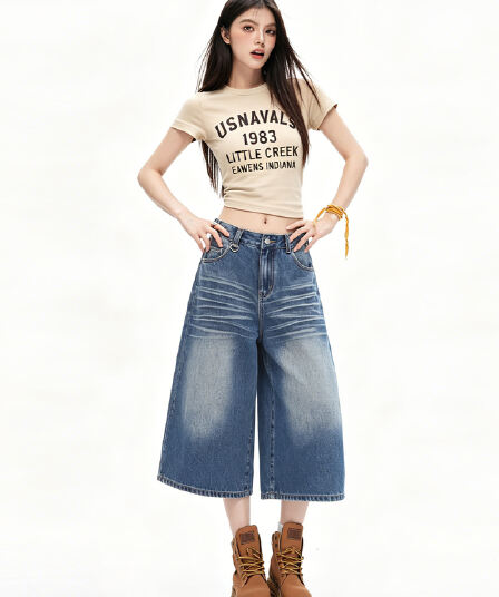 남쪽 기름 높은 품질 2026 새로운 캐주얼 데님 7부 바지 아메리칸 레트로 스타일 루즈핏 넓은 다리 슬림해 보이는 디자인