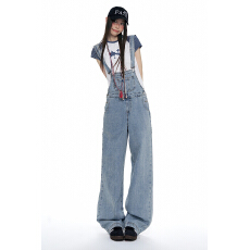 批发韩国单【新品】2026 夏季｜龄拖地裤韩系高腰阔腿牛仔<b class='q'>背带裤</b>