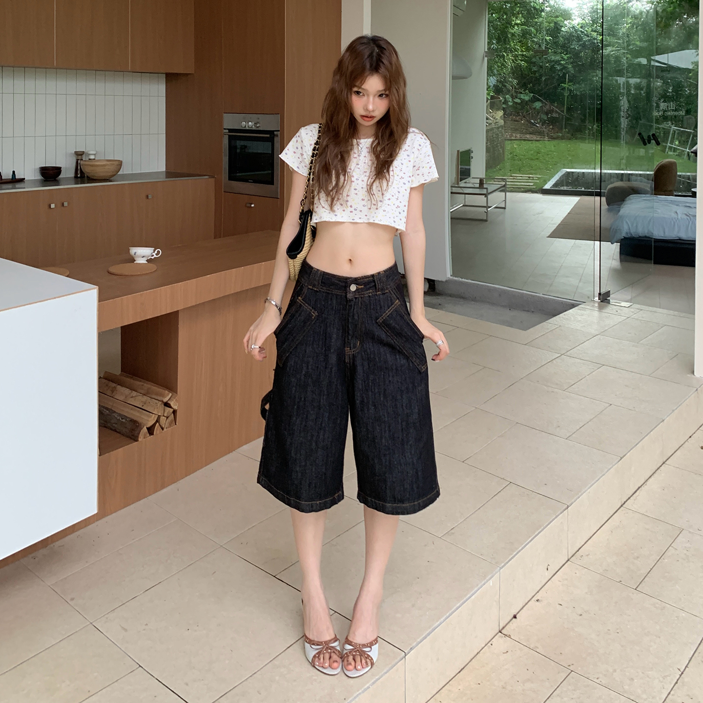 생방송 작은 대중 아메리칸 레트로 7 점 데님 와이드 레그 팬츠 봄 여름 새로운 하이웨이스트 루즈핏 슬림해 보이는 다용도 바지