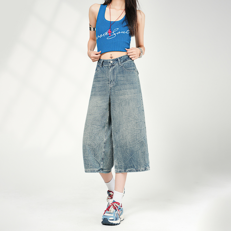 일본식 새로운 타격 와 성별 쉬운 세대 바람 클래식 넓은 다리 스트레이트 가죽 카드 장식 7부 바지
