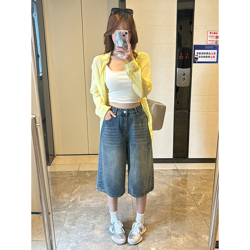 생방송 wild 레트로 워싱 블루 데님 와 성별 거리 바람 달콤한 매운맛 슬림해 보이는 7 점 바지