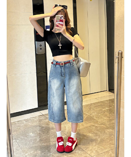 샤오홍 예약하기 추천 대나무 마디 원단 느슨함 다용도 여름 달콤한 차가운 거리 밖 일상 7 점 데님 바지
