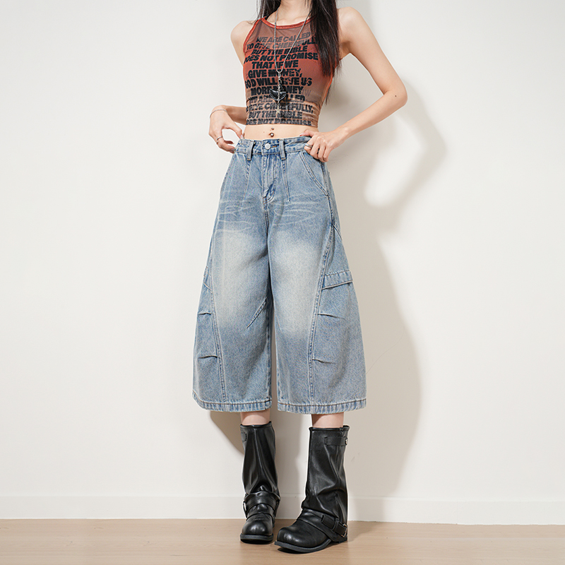 일본식 느슨함 거리 상쾌 센스 데님 싱글 제품 도루 센스 루즈핏 해체 모통이 칼 데님 7 점 짧은 바지