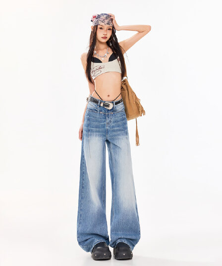 남쪽 기름 높은 품질 레트로 워싱 넓은 다리 청바지 여성 대 핏 스타일 선택하지 마라. 몸 노스탤지어 캐주얼 긴 바지