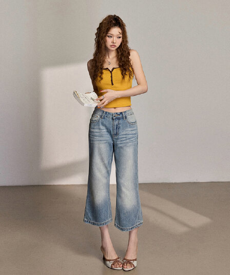흔들어서 톤 폭발 로우 웨이스트 레트로 부츠컷 8 점 청바지 여성 둘 색상 선택 사항 아메리칸 몸매 가꾸기 슬림해 보이는 여름 바지