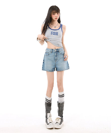 남쪽 기름 높은 품질 작은 키 아메리칸 하이웨이스트 넓은 다리 a 단어 반바지 워싱 마 오래된 슬림해 보이는 데님 뜨거운 반바지