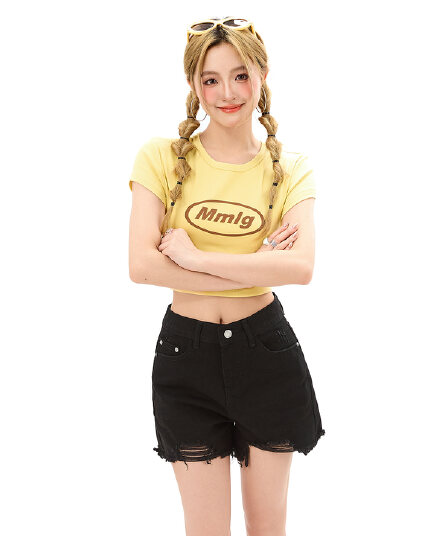 일본식 봄 여름 기타 색상 하이웨이스트 넓은 다리 데님 반바지 여성 거친 가장자리 자르기 한 마디 작은 키 디스플레이 높음 슬림해 보이는 핫 바지