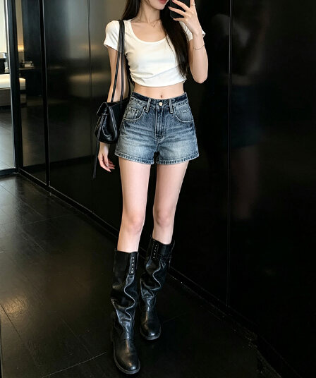 흔들어서 톤 생방송 폭발 맞춤 자수 표준 스트레이트 레트로 블루 데님 반바지 여성 2026 새로운 슬림해 보이는 핫걸 핫 바지