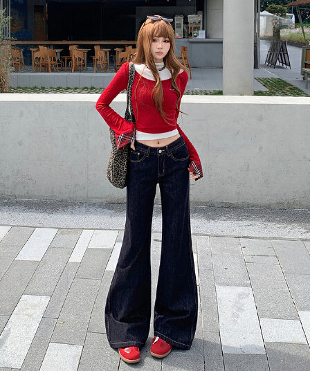 흔들어서 톤 폭발 레트로 단 닝 진한 파란색 부츠컷 바지 여성 아메리칸 워싱 마 오래된 도루 센스 캐주얼 스트레이트 나팔 바지