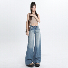 批发跨境复古美式水洗牛仔<b class='q'>长裤</b>女<b class='q'>高腰</b>直筒版型遮肉显瘦加长拖地阔腿裤