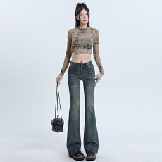 批发网红同款 美式辣妹喇叭裤女复古水洗高弹修身<b class='q'>高腰</b>显高微喇牛仔裤