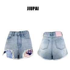 批发韩国浅蓝色洗水做旧显腿长阔腿短裤女夏季高腰设计感A字<b class='q'>牛仔</b>短裤