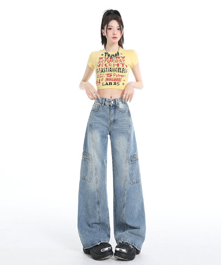 일본식 아메리칸 높음 거리 바람 파란색 워크웨어 청바지 하이웨이스트 표지 넓적 다리 슬림해 보이는 일상 다용도 길이 연장 바닥 청소 바지