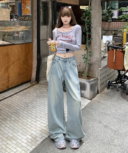 생방송 마 오래된 물 말 하이웨이스트 스트레이트 바닥 청소 바지 단색 미니멀리즘 디자인 센스 슬림해 보이는 넓은 다리 데님 긴 바지