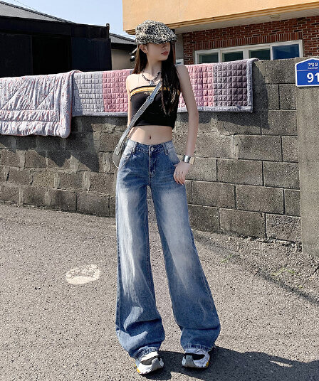 한국 동대문 여성 의류 레트로 워싱 블루 좁은 에디션 넓은 다리 청바지 하이웨이스트 슬림해 보이는 스트레이트 바닥 청소 바지