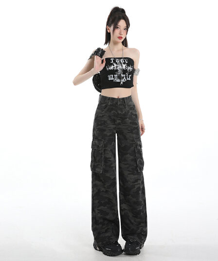생방송 거리 바람 카모플라주 워크웨어 청바지 여성 아메리칸 스트레이트 루즈핏 도루 센스 하이웨이스트 슬림해 보이는 넓은 다리 길이 바지