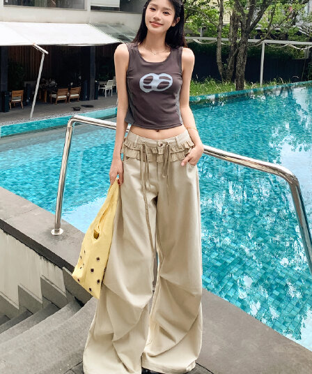 한 부서 느슨함 아메리칸 레트로 调性 작은 대중 레이스 패치워크 자르기 부드러운 주름 다용도 와이드 레그 팬츠
