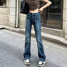 批发韩国秋冬新款复古甜辣妹微喇叭弹力<b class='q'>牛仔裤</b><b class='q'>女</b>多口袋工装裤<b class='q'>直筒</b>长裤