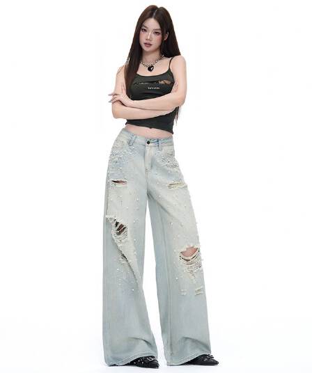흔들어서 톤 폭발 트렌드 무거운 작업 핫픽스 다주 찢어진 부분 스트레이트 팬츠 여성 워싱 마 오래된 디자인 센스 데님 긴 바지