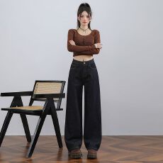 批发日本<b class='q'>单</b> 深蓝色赤耳丹宁原牛直筒绣花牛仔裤女百搭显瘦天花板长裤