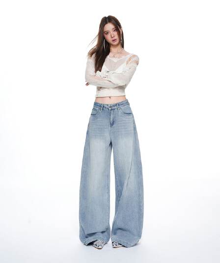남쪽 기름 높은 품질 26 가을 겨울 대나무 마디 곡물 데님 와이드 레깅스 바지 수공 징 장식 중간 허리 워싱 긴 바지