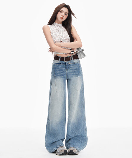생방송 워싱 마 오래된 아메리칸 레트로 청바지 여성 2026 가을 루즈핏 슬림해 보이는 스트레이트 넓은 다리 바닥 청소 긴 바지
