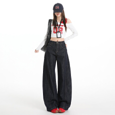 批发日系26秋装镰刀弯刀牛仔裤女小个子<b class='q'>高腰</b>宽松版型遮胯显瘦阔腿长裤