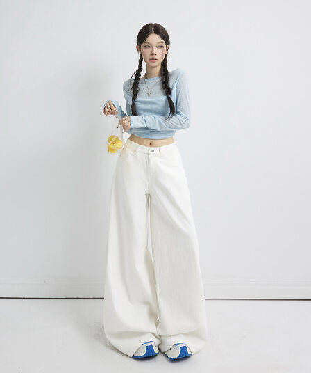 생방송 길이 연장 바닥 청소 넓은 다리 청바지 여성 아메리칸 레트로 하이웨이스트 핏 스타일 도루 센스 슬림해 보이는 다용도 스트레이트 바지