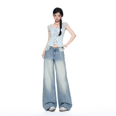 批发得物高品质绣花装饰直筒牛仔裤女26秋冬美式低腰宽松显瘦休闲长裤