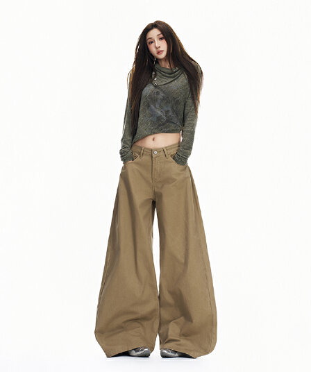한 부서 워시 퇴색 한 원단 루즈핏 넓은 다리 모통이 칼 청바지 여성 26 가을 새로운 하이웨이스트 슬림해 보이는 디자인 센스 바지