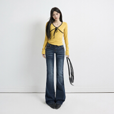 批发日系 秋冬百搭美式怀旧低腰辣妹<b class='q'>牛仔裤</b><b class='q'>女</b>弹力修身显瘦喇叭<b class='q'>女</b>裤