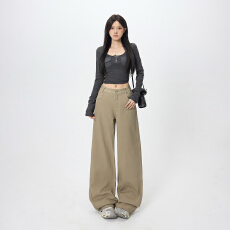 批发韩系卡其色美式复古加长牛仔裤女高腰阔腿<b class='q'>春</b>夏百搭直筒拖地长裤