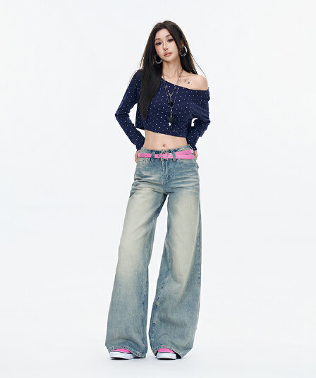 됐어. 개체 높은 품질 가을 겨울 새로운 홀치기 염색 워싱 스트레이트 팬츠 여성 아메리칸 로우 웨이스트 루즈핏 넓은 다리 데님 롱 바지