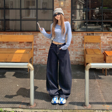 批发日系 美式复古弯刀阔腿牛仔裤女2色新款上新宽松随性百搭拖地<b class='q'>女裤</b>