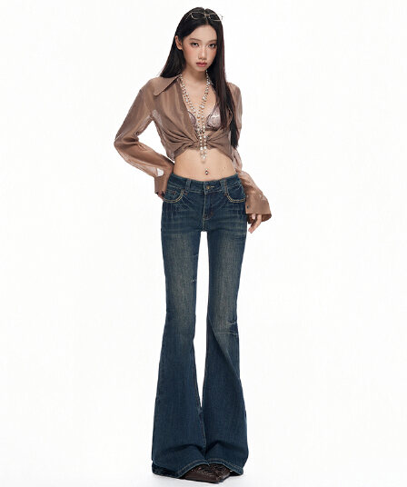흔들어서 톤 폭발 가을 균열 명시적 스티치 로우 웨이스트 청바지 여성 핫걸 몸매 가꾸기 슬림해 보이는 바닥 청소 부츠컷 나팔 바지