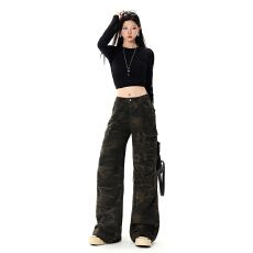 批发跨境26新款美式复古工装<b class='q'>裤</b>女迷彩印花<b class='q'>嘻哈</b>宽松微喇垂坠拖地休闲<b class='q'>裤</b>