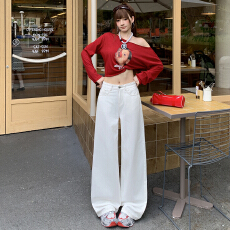 批发小红书推荐 <b class='q'>白色</b>刺绣直筒<b class='q'>牛仔裤</b>女美式设计感不贴腿显瘦百搭长裤