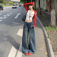 批发得物高品质 褶皱收腰直筒阔腿裤女复古牛仔梨形身材修饰腿型长裤