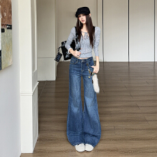 批发韩系 <b class='q'>秋</b>季深蓝微喇喇叭牛仔裤女高腰弹力不贴腿九分加长显瘦裤子