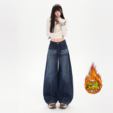 批发抖音爆款 秋冬加绒美式高街弯刀<b class='q'>牛仔裤</b>女复古宽松直筒阔腿裤