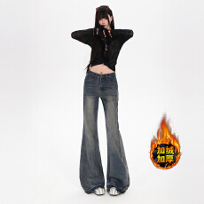 批发小红书推荐 秋冬新款加绒美式复古<b class='q'>牛仔裤</b>女高腰宽松微喇喇叭裤